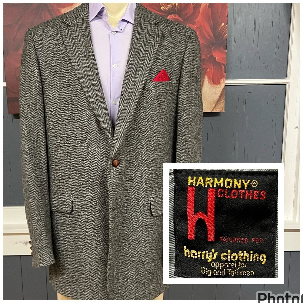 Vintage Harmony Clothes Tweed Blazer Mens 46-Extra Long Wool Herringbone Gray‎